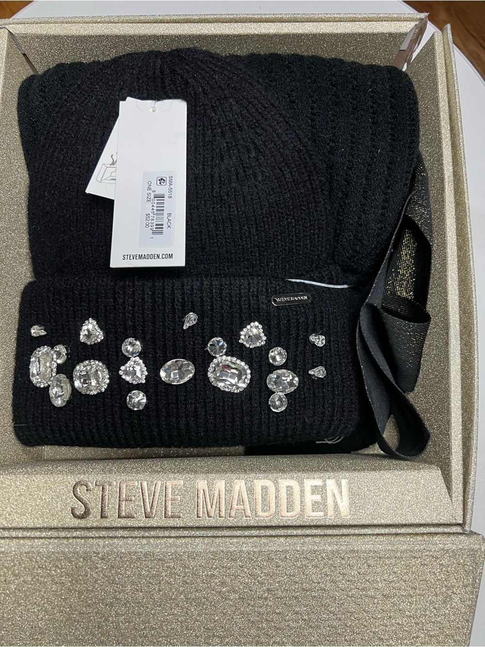 Steve Madden Black Knit Beanie and Scarf Set with Rhinestone Accents